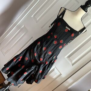 Elegant Black Whymsygoth Dress with Red Rose Accents